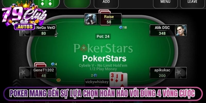 Poker mang đến sự lựa chọn hoàn hảo với đúng 4 vòng cược chi tiết
